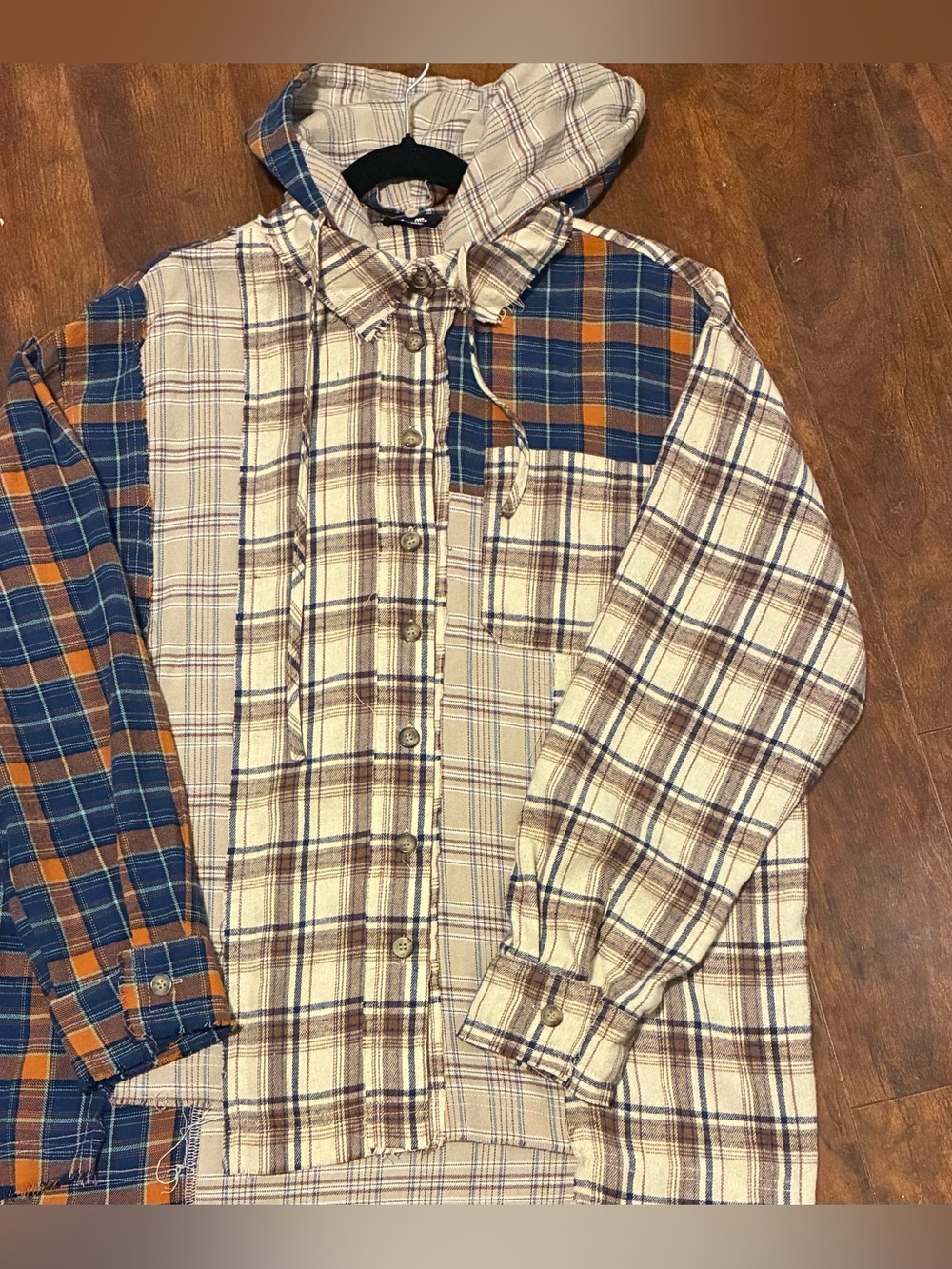 : Never Worn - Miss Me Mixed Plaid Patchwork Hooded Shacket - M
